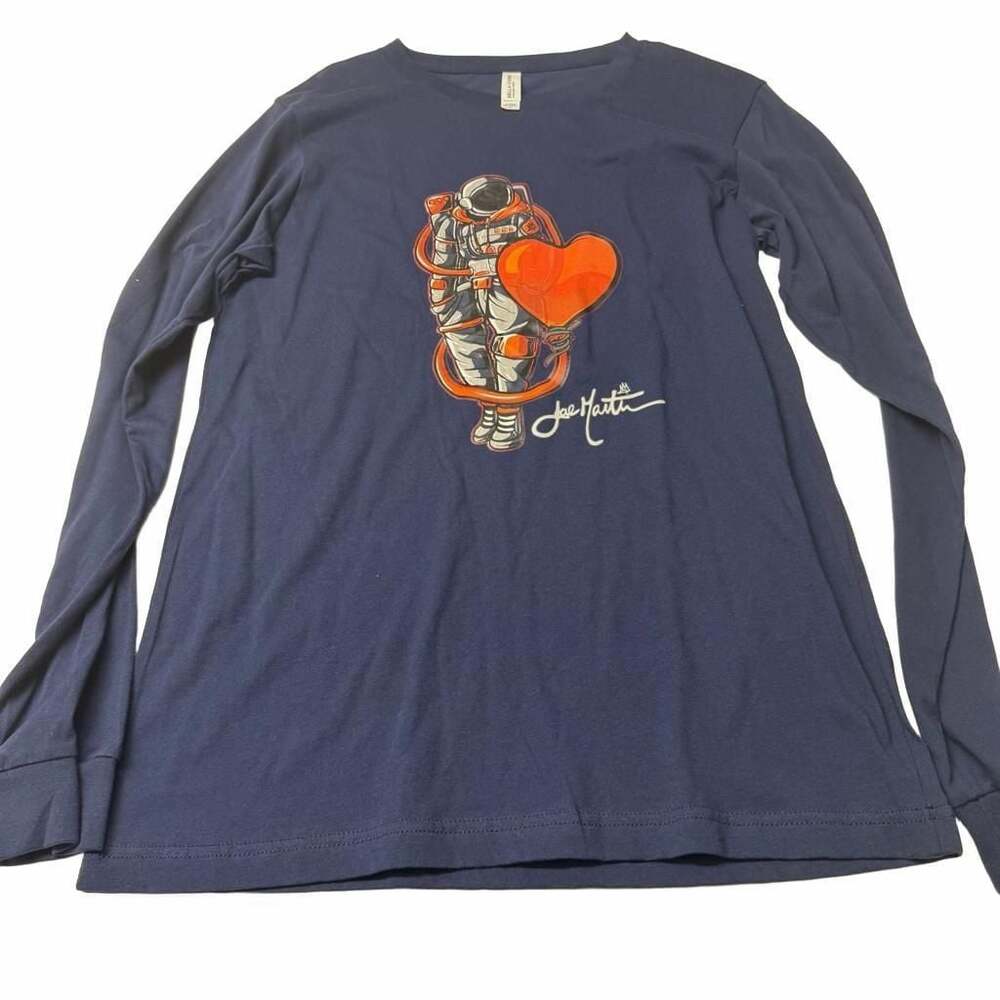 Bella + Canvas Astronaut with Red Heart Long Sleeve T-Shirt Blue Size M